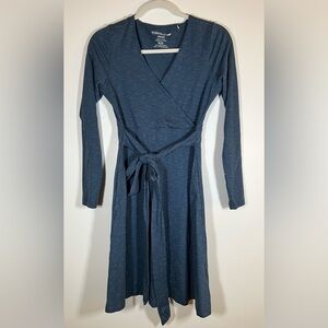 Toad & Co blue organic cotton stretch faux wrap dress sz S w/tie hippie outdoor